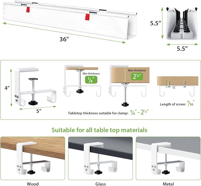 KEEGH Large No Drill Under Desk Cable Management Tray 36 in, White | Clamp/Screw Mount, Supports Up to 70lbs, Fabric Wire Management Gaming/PC Cable Raceways, Cord Hiders for Office/Home - Image 4