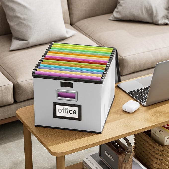 File Organizer Box with Lids, Collapsible File Folder Organizer | File Box with Plastic Slides for Document, Filing Bin for Letter Size Hanging File Folders (2 Pack, Silver, Leather) - Image 9