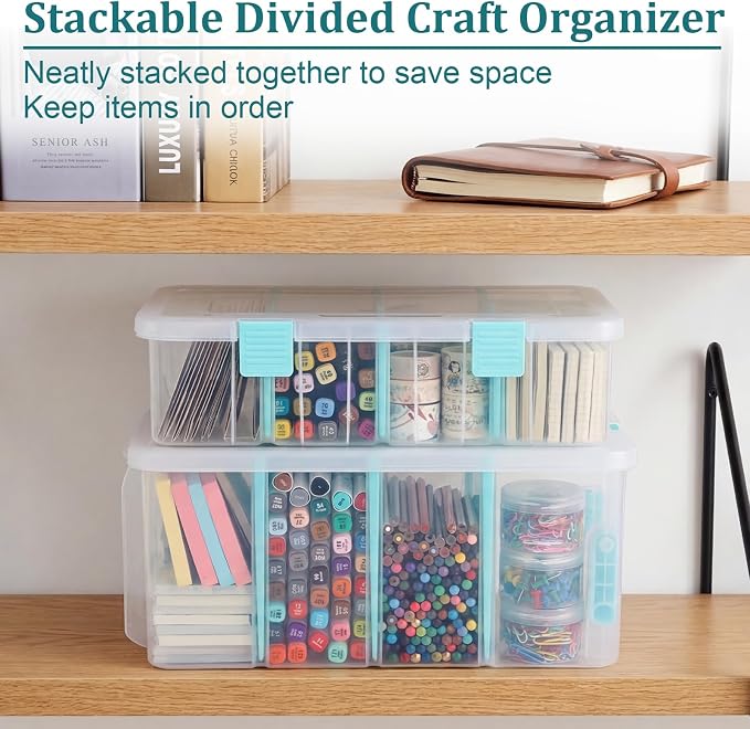 BTSKY Clear Plastic Dividing Storage Box with 4 Deep Compartment Sewing Box | 13.9x7.9x6.2 Inches Adjustable Storage Bin with Lid Portable Craft Storage Container Multipurpose Art Supply Organizer Blue - Image 8