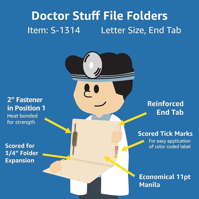 Medical File Folders with Fastener, Doctor Stuff, Letter Size, Reinforced End Tab Folders with 2” Bonded Fastener on Inside Back, 11 pt Manila Stock, Box of 50 - Image 2