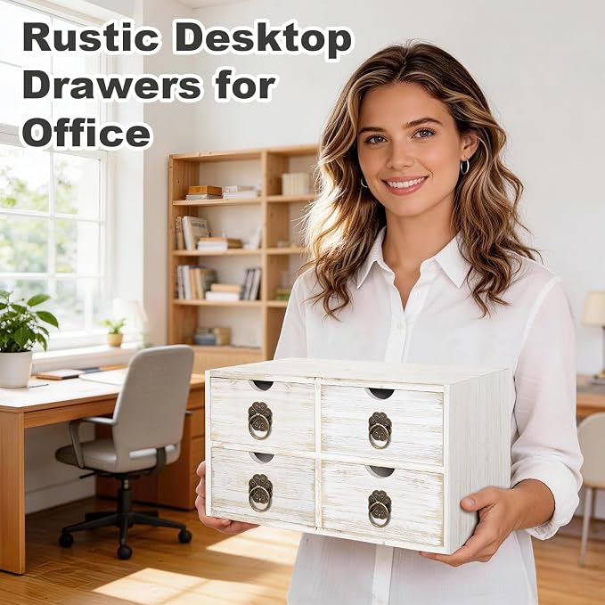 Wood Desk Organizer, White Wooden Desktop Organizer with Drawer, Tabletop Storage Organization Box for Countertop, Home Office Supplies Bills, 13.5x6.6x7.09 Inch(4 Drawer) - Image 4