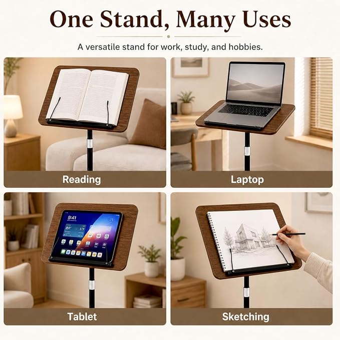 Rolling Book Stand with Wheels, Adjustable Sheet Music & Reading Stand | 16.5 x 11.8 in panel | 19-57 in adjustable height | 360° angle | Lockable wheels | For books, music, tablets - Image 8