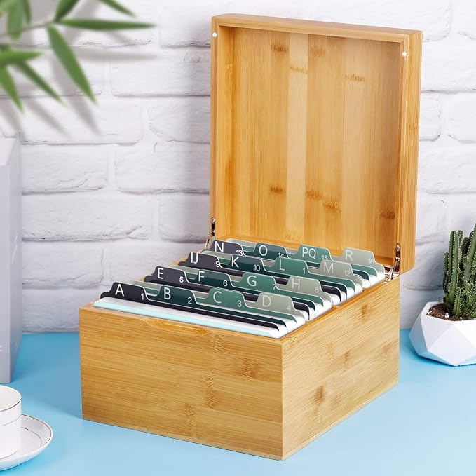 MaxGear Bamboo Business Card Organizer for 5" x 8" Cards | Index Card Holder for Desk, Index Cards Box with A-Z Tabs, Holds 600 Cards, Desktop Organizers for Home, Office - Image 7