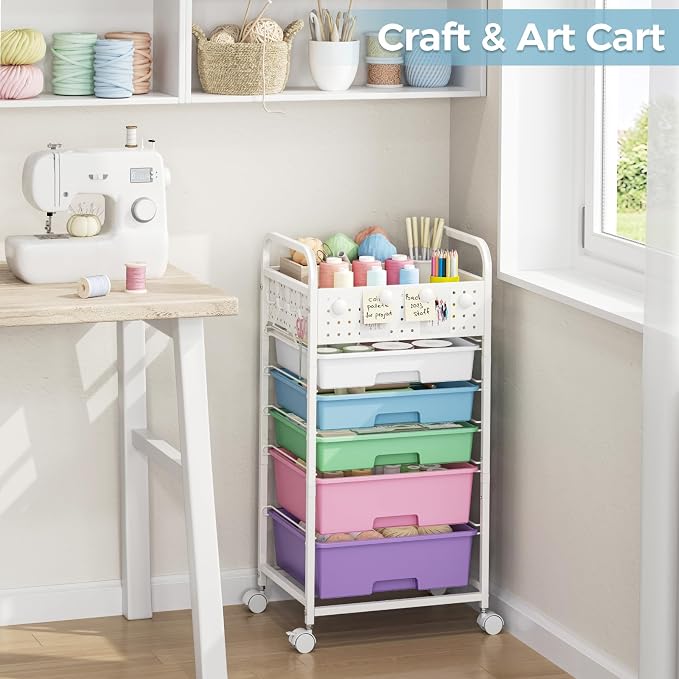 5 Drawer Rolling Storage Cart with Pegboard Top and Hooks, Ice Cream | Mobile Organizer Cart with Wheels for Office Supplies, Craft Storage, Classroom Organization, Home Utility Cart - Image 7