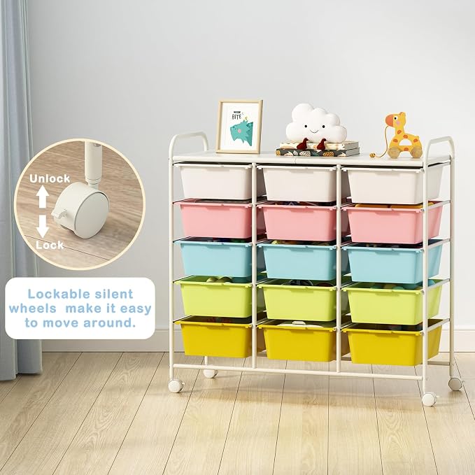 Ytaoka 15 Drawers Rolling Cart With Wheels, Plastic Storage Drawer With Metal Frame, Multipurpose Art Craft Organizer, Utility Cart for Home, Office, School, Multicolor - Image 5
