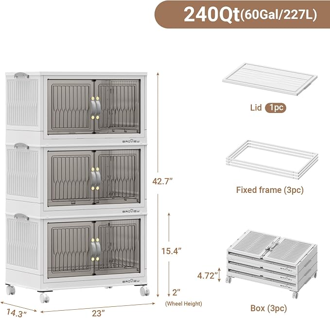 BROVIEW 240Qt Stackable Storage Bins with Lid, Extra Large Closet Organizer Collapsible Drawer Boxes with Wheels, Folding Plastic Cabinet Containers for Home Kitchen Room Organization, 3Pack White - Image 2