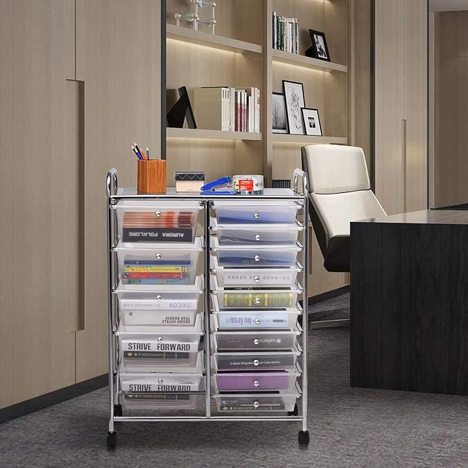 Moccha 15-Drawer Rolling Storage Cart - Under Desk Storage Drawers with wheels for Craft Art Supply Paper Salon, Scrapbook Paper Tools, Mobile Utility Cart for Classroom (15 Drawers, Clear) - Image 2