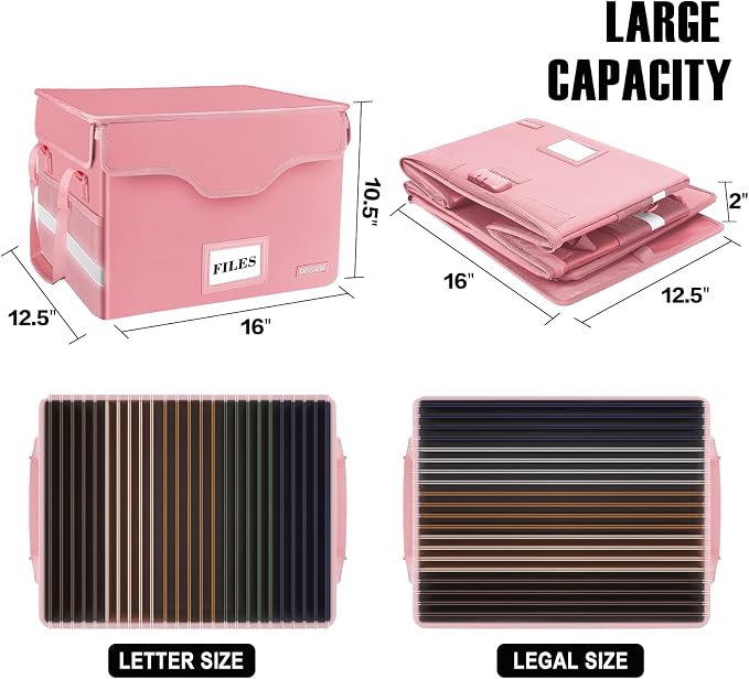 DocSafe Fireproof Document Box with Lock,File Storage Organizer with Pockets,Collapsible Portable File Box Home Office Safe Filing Cabinet with Handle for Hanging Letter/Legal Folders,Pink,2 Pack - Image 6