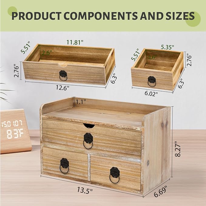 Washed White Wood Desk Organizer, Mini Desktop Organizer with Drawers, Tabletop Storage Organization for Home Office Supplies Vanity, No Assembly Required (3 Drawer and Shelf) - Image 3