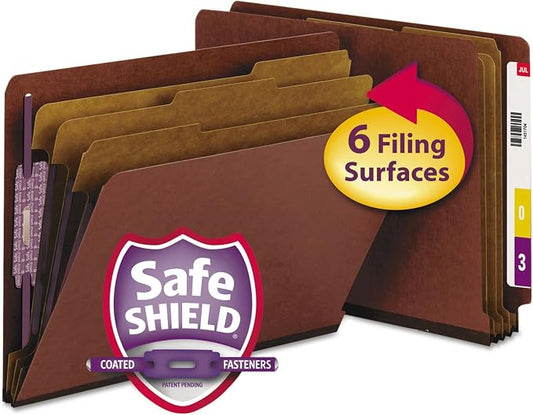 Smead 100% Recycled End Tab Pressboard Classification File Folder with SafeSHIELD Fasteners, 3 Dividers, 3" Expansion, Letter Size, Red, 10 per Box (26865) by SMEAD