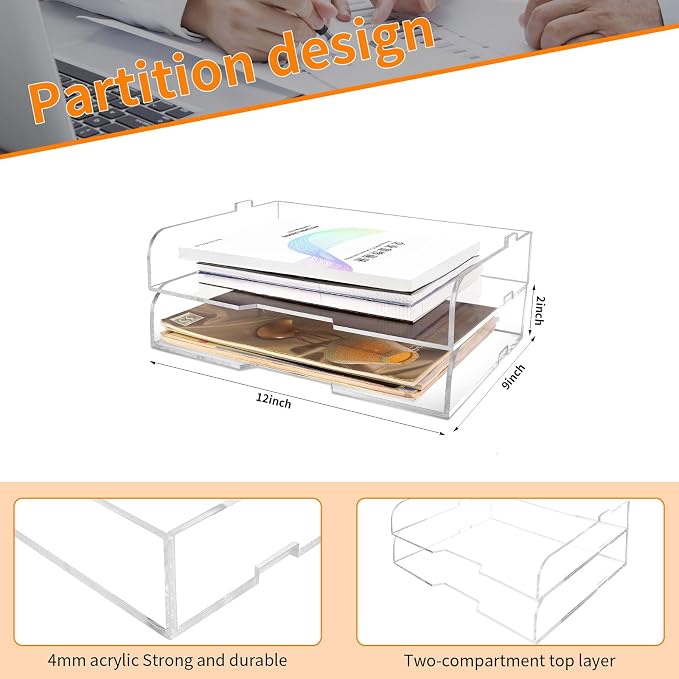 2 Pack- Stackable Paper Letter Tray,Clear Acrylic Magazine Holder and File Organizer - Sleek Desk Organizer for Home Office, Bookshelf, or Workspace - Space-Saving Transparent Document Holder - Image 3