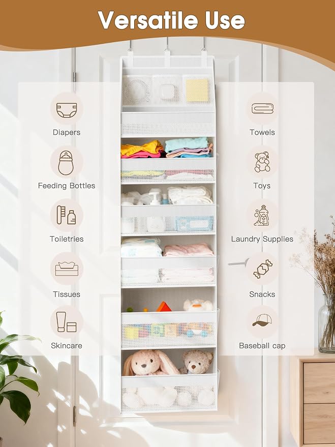 Over the Door Organizer, Heavy-Duty 6-Shelf Hanging Storage with 13 Mesh Pockets, 55lbs Capacity Behind the Door Storage for Nursery, Bathroom, Bedroom, and Dorm, White - Image 8
