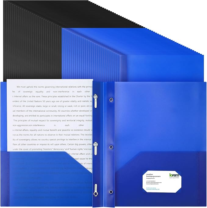 Cholemy 72 Packs Pocket Folders with Prongs Heavy Duty Plastic Folder with Business Card Slot 3 Prong Fasteners for School Office (Black,Blue) by Cholemy