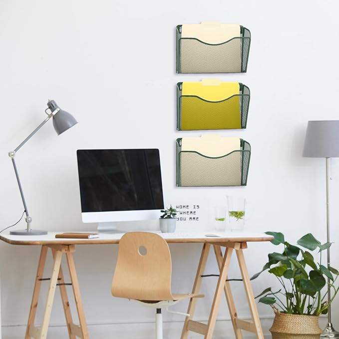 3 Single Pocket Mesh Hanging File Organizer, Vertical Wall Mounted Magazine File Holder, Mount Basket Mail Paper Document Folder Organizing for Office, Home and School, Dark Green - Image 7