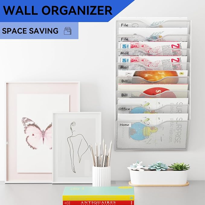 8 Pockets Mesh Hanging Wall File Holder Organizer Wall Mounted Paper Magazine Rack, Silver - Image 2
