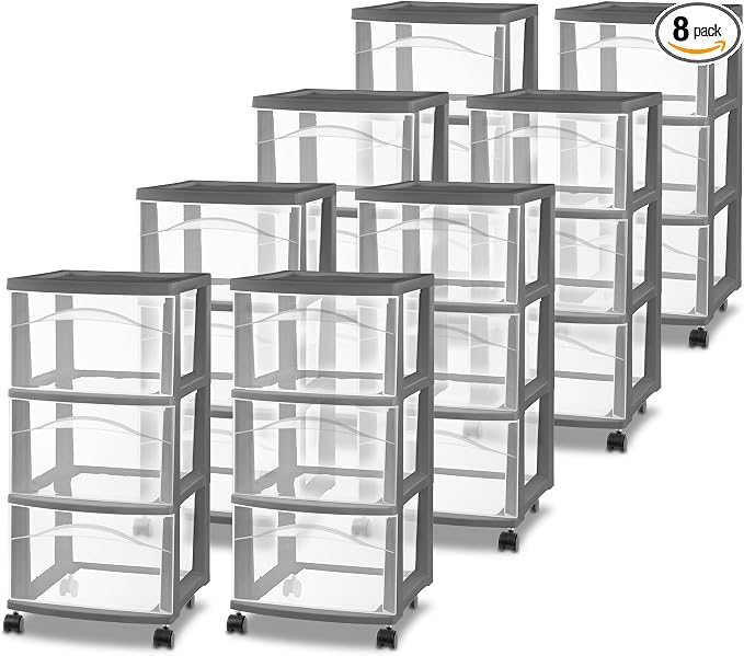 Sterilite 8 Pack 3 Drawer Storage Cart, Rolling Organization, Flat Gray by Sterilite