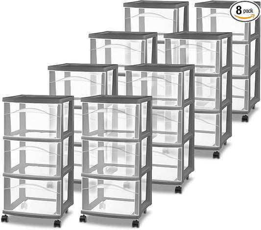 Sterilite 8 Pack 3 Drawer Storage Cart, Rolling Organization, Flat Gray by Sterilite