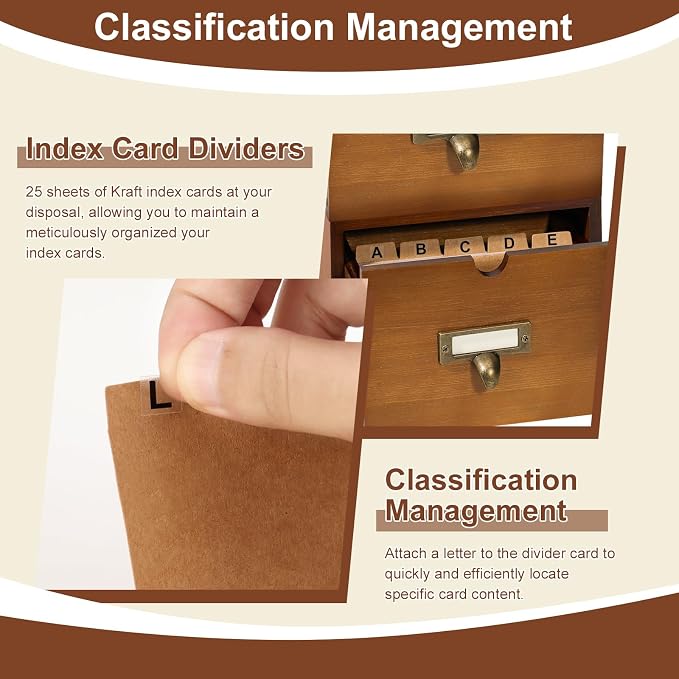 3 Tier Index Card Holder 3x5 Wooden Card Catalog Box with 3 Drawers Brown Index Card Storage Box Flash Card Holder 25 Index Card Dividers 2 Letter Smile Stickers for Office - Image 7