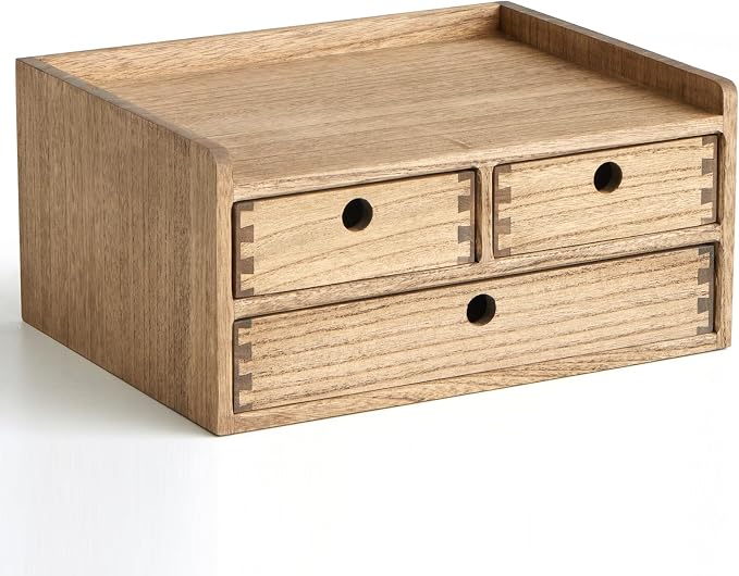 KIRIGEN Wooden Desk Organizer with 3 Drawers and Top Shelf Brown DT2D3C-DBR | 3-Drawer Cabinet with Top Shelf Stores Papers, Office Supplies, Cosmetics, Crafts, and Small Accessories on Desks or Counters by KIRIGEN
