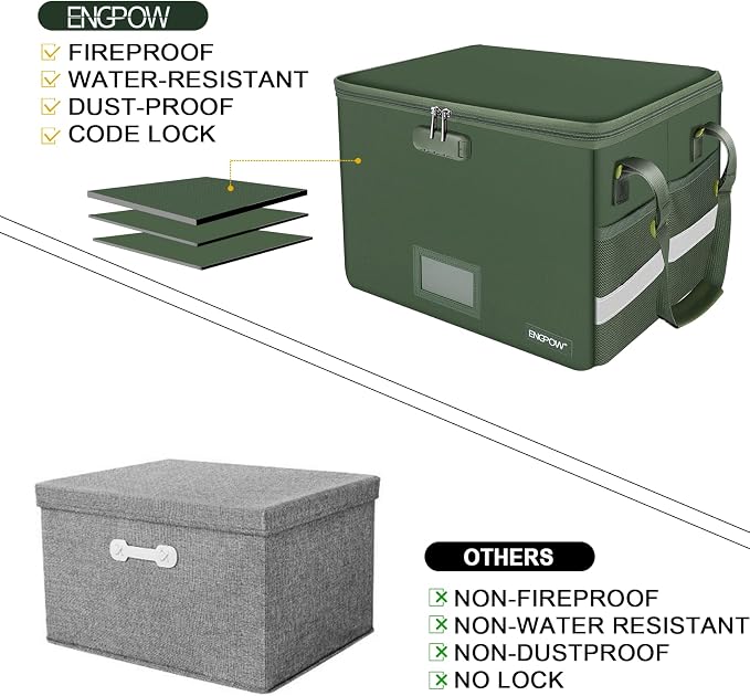 ENGPOW File Box with Lock, Fireproof Document Box with Zipper Lid, Collapsible File Storage Organizer Filing Cabinet with Handle, Portable Home Office Safe for Hanging Letter/Legal Folders, Green - Image 6