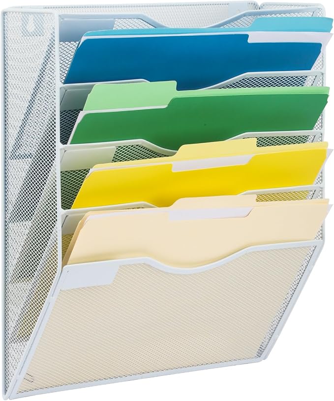 5 Pocket Mesh Hanging Wall File Organizer, Wall Mounted Mail Paper Document Folder Holder, Clipboard Storage Organization Magazine Rack with Nametag Label for Office Home School, White by EASEPRES