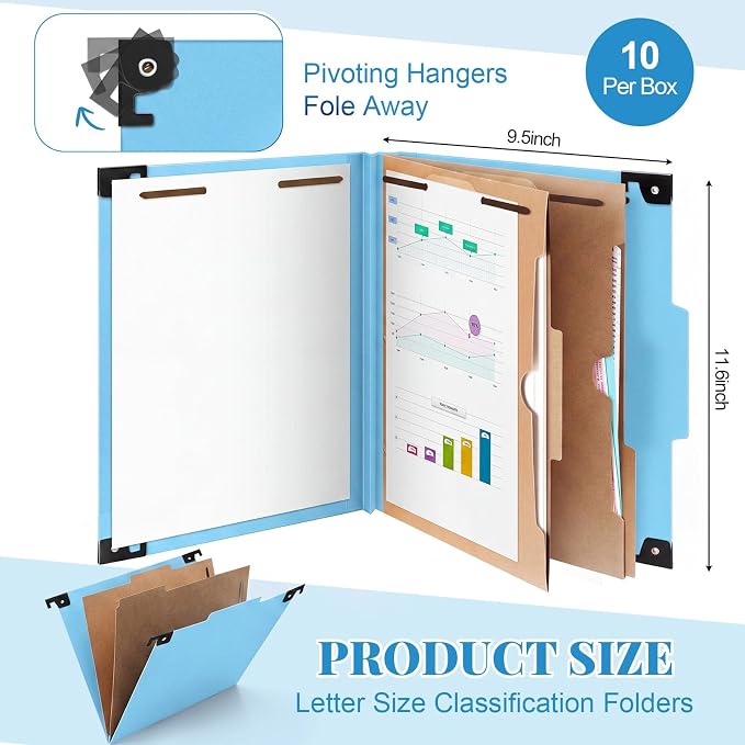 Henoyso 10 Pcs Hanging Classification Folders,2 Pocket Dividers,Light Blue | Letter Size, Hanging File Folders with 2 Pockets, 3" Expansion, 6 Prong Fasteners, 1/3 Tab Cut, 6 Sections, Pressboard Manila - Image 2