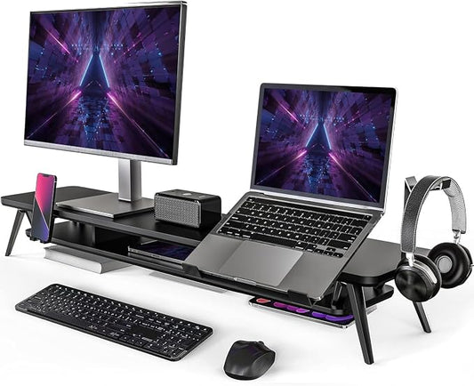 Fenge 42.5-Inch Monitor Stand Riser with Laptop, Phone & Headphone Holders | 10° Adjustable Laptop Holder, 2-Tier Storage, Dual Monitor or Monitor-Laptop Setup, Ideal for Multitasking, Gaming, Streaming by Fenge