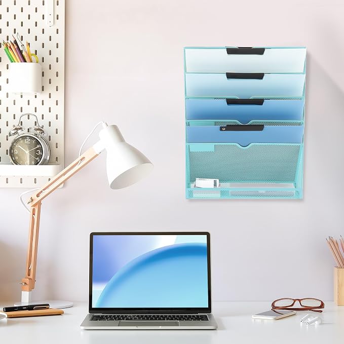 6 Tier Mesh Hanging Wall File Organizer, Desk Vertical Mail Paper Document Folder Holder Rack with Bottom Tray and Nametag Label for Office Home School, Blue - Image 6