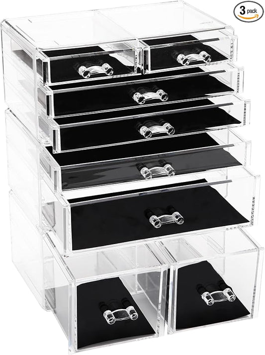 Sea Team 3-Tier Stackable Clear Acrylic Makeup Organizer with Drawers | Multi-Purpose Cosmetic Display Case, Jewelry Storage Box with 8 Drawers, Ideal for Vanity, Dresser, Bathroom, Countertop by SeaTeam