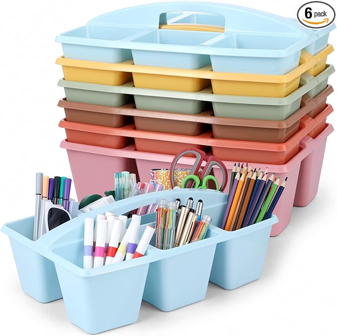 6 Pack Assorted Colors 6 Compartment Classroom Caddy with Handle Portable Plastic Storage Classroom Caddies Organizer for Classrooms Supply Teacher Office Table Desk(Groovy) by Yakydesign