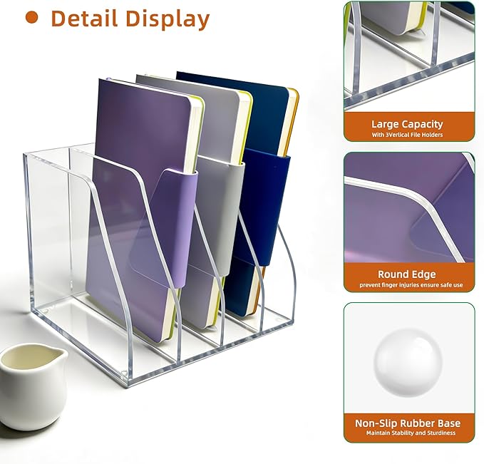 Clear Acrylic Magazine File Holder, 4 Compartment Desk Organizer | 4 spacious vertical compartments hold magazines, files, books & more. 5mm thick clear acrylic, non-slip base. No assembly. - Image 3