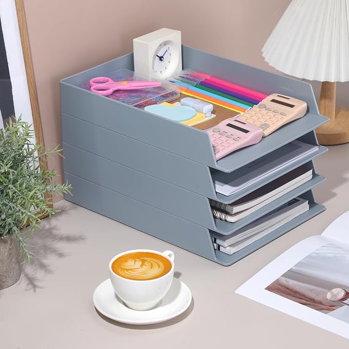 4 Pcs Stackable Paper Trays Rectangular Plastic Desk Holder Desktop Document File Organizer Storage Letter for Office Classroom (Gray) - Image 6