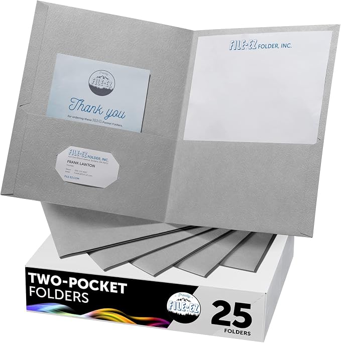 FILE-EZ Two-Pocket Folders, Gray, 25-Pack, Textured Paper, Letter Size (EZ-32530) by FILE-EZ