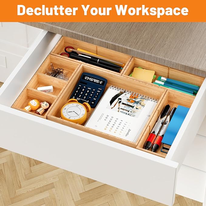 Bamboo Drawer Organizer, 5-Piece Stackable Trays with Removable Dividers | Junk drawer organizer, assorted tray sizes, 5-11 customizable compartments, nestable, kitchen utensils, bathroom, office - Image 7