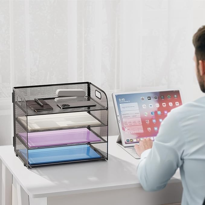 Marbrasse 4 Tier Paper Organizer Letter Tray - Mesh Desk File Organizer with Handle, Paper Sorter Organizer for Letter/A4 Office File Folder Holder (Black, 12.6" x 9.1" x 10.7") - Image 6