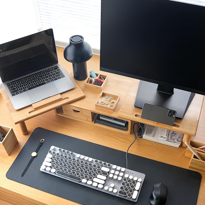 Dual Monitor Stand Riser with Drawer for Desk Laptop | Desk Shelf with Adjustable Length and Angle, Bamboo Computer Stand Riser for 2 or 3 Monitors Screen Laptop PC TV -Natural - Image 4