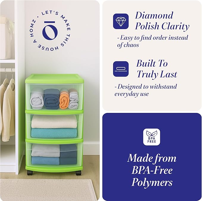 HOMZ Drawer Tower, 3-Tier Clear Plastic Storage Organizer Cart, Bold Lime Frame - Rolling Drawer Containers with Wheels for Bathroom, Bedroom, Office, and Classroom Organization - Image 4