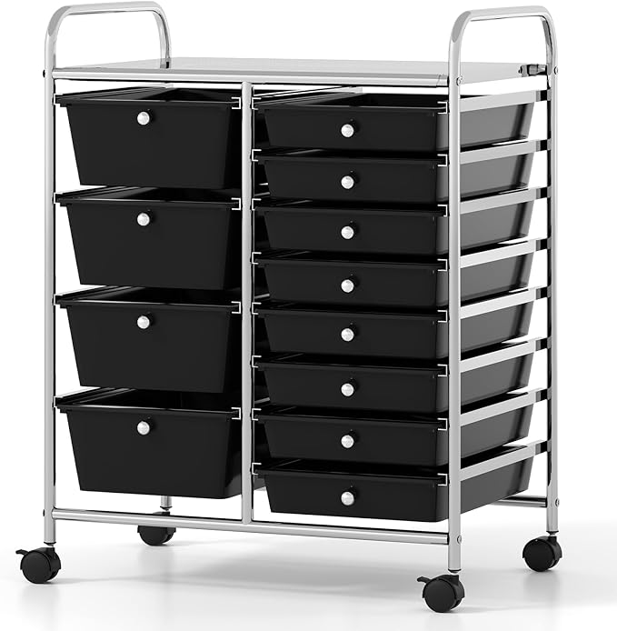 COSTWAY 12 Drawer Rolling Storage Cart, Utility Cart with Metal Frame | Mobile Art Supply Craft Organizer, Multipurpose Storage Organizer for Paper, Office, School Teacher, Classroom, Black by COSTWAY
