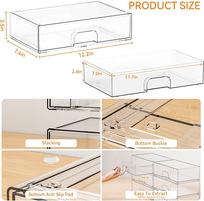 12.1''W Clear Stackable Storage Drawers,2 Pack Acrylic Drawer Organizer for Hair Accessories,Makeup Organizers,Plastic Organizer Bins for Vanity,Bathroom,Cabinet,Desktop,Office Supply Organizer - Image 3