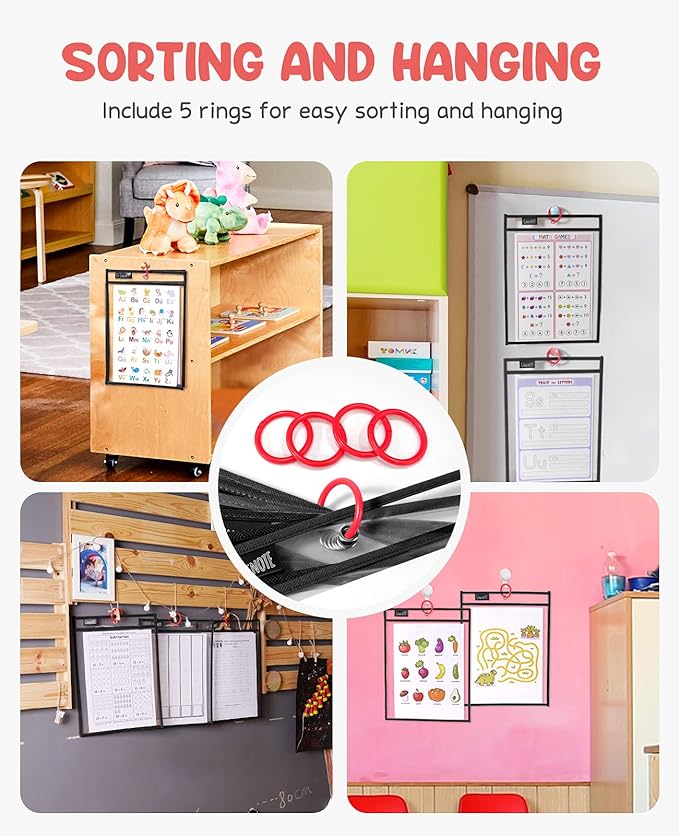 GAMENOTE 30 Pack Dry Erase Pockets, 10x14 Reusable Sleeves, Black | 30 reusable PVC pockets hold 8.5 x 11 and 9 x 12 sheets; double sided wipe clean surfaces, pen loops, eyelets, and 5 rings - Image 5