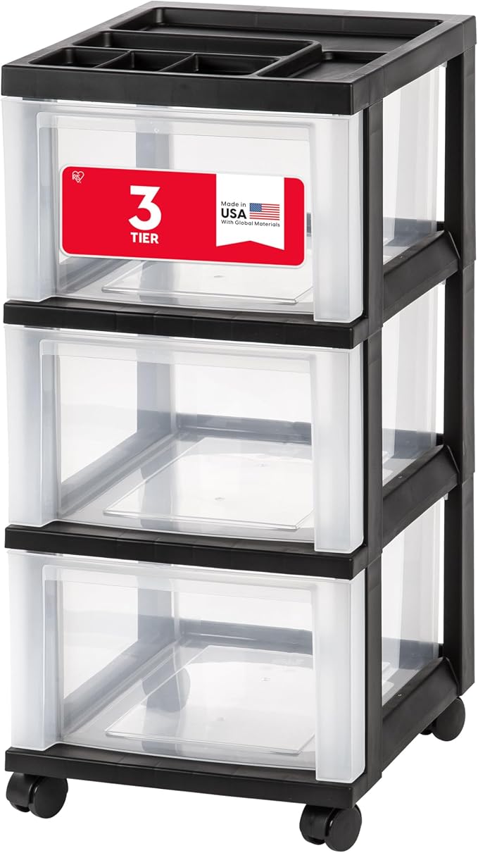 IRIS USA 3-Drawer Rolling Storage Cart, Black/Clear | Keep craft supplies, office essentials, classroom items, and accessories organized with easy-access drawers for daily use by IRISUSA