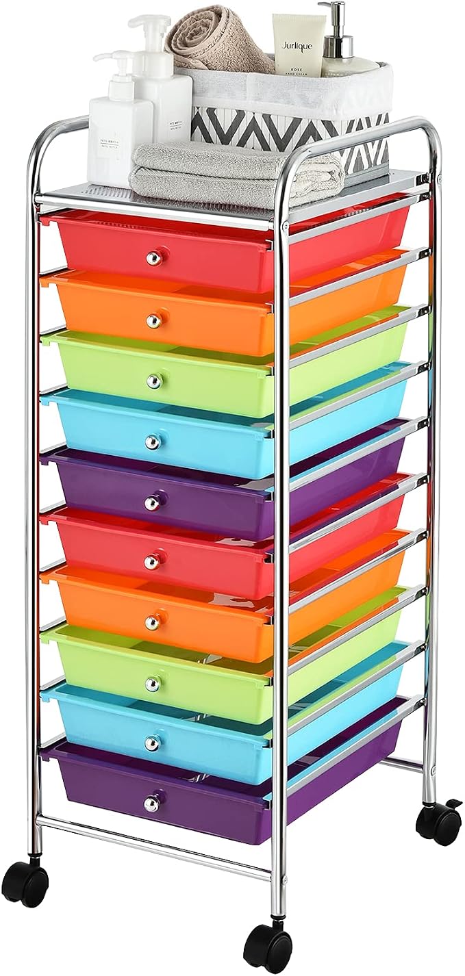Storage Cart, Rolling Utility Cart with 10 Drawers, Portable Handles & Lockable Wheels, Mobile Paper Toys Storage Organizer Large Capacity for Home Office School Teacher (Multi-Color) by OFFICEJOY