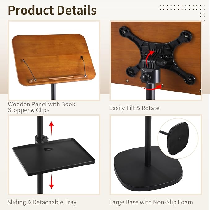 Floor Book Stand with 2 Removable Trays, Adjustable Height Wood Reading Stand for Bed or Sofa, Music Stand Book Holder for Music Sheet, Tilt and Rotate Laptop Holder, Portable Podium Stand - Image 4