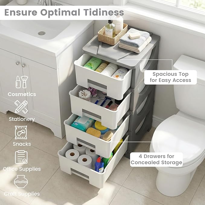 Giantex 4-Drawer Storage Organizer, Plastic Storage Tower with Drawers, Multi-Purpose Container Box for Office, Bathroom Living Room, White+Grey - Image 6