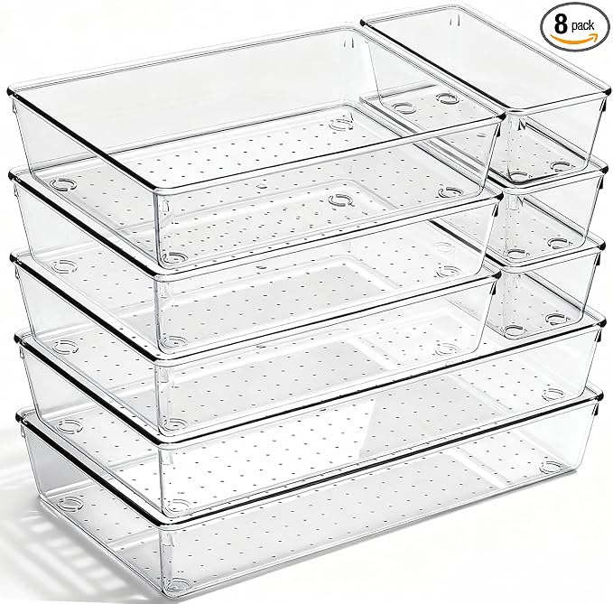 8 Pack Large Clear Plastic Drawer Organizer Bins - Acrylic Bathroom Drawer Organizer Trays - Heavy Duty Kitchen Drawer Dividers for Utensils - Non-Slip Storage Bins for Makeup, Bedroom, Office Desk by CHOWAY