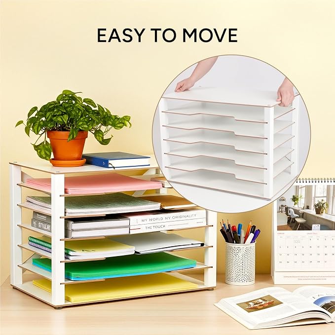 Construction Paper Organizer 12" x 18", 6-Tiers Paper Storage | Movable Wooden Desktop Organizer, Letter Tray for Office, Home, Classroom - Image 5