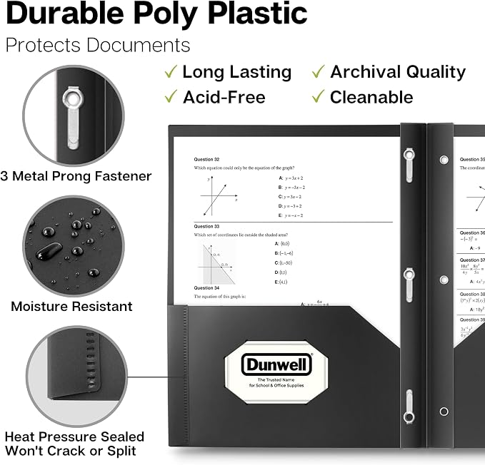 Dunwell Plastic 2-Pocket Folders with 3 Prongs, Black, 12 Pack, Poly | Durable Acid-Free Poly with Fasteners, Long-Term School & Office Use, Includes Labels - Image 2