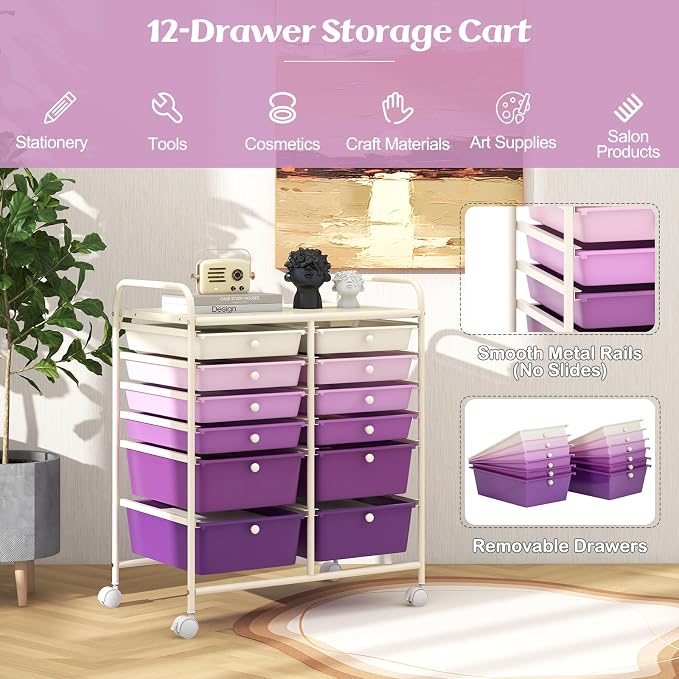 COSTWAY 12-Drawer Rolling Storage Cart, Moveable Art Craft Organizer | Lockable Wheels, Metal Shelf, Files Arrangement Tools Makeup Storage Cart for Office, Home, School (Purple Gradient) - Image 4