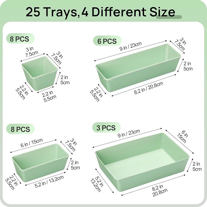 Vtopmart 25 Pack Plastic Drawer Organizers with Non-slip Rubber Pads | 4-Size Versatile Makeup Organizer, Storage Containers Small Bins for Makeup, Jewelries, Bedroom, Kitchen Utensils and Office - Image 2