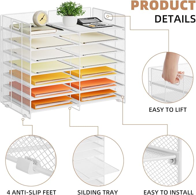 Marbrasse Desktop Literature Organizer, 12 Compartments Mesh Paper Organizer Desk Organizers, Adjustable File Sorter Mail Center Paper Storage Cabinet Classroom Mailbox for Office Home School, White - Image 5